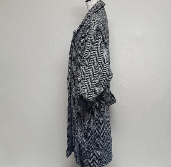 80s Vintage Black Gray Herringbone Wool Balloon Sleeve Longline Trench Coat XL - Picture 7 of 13